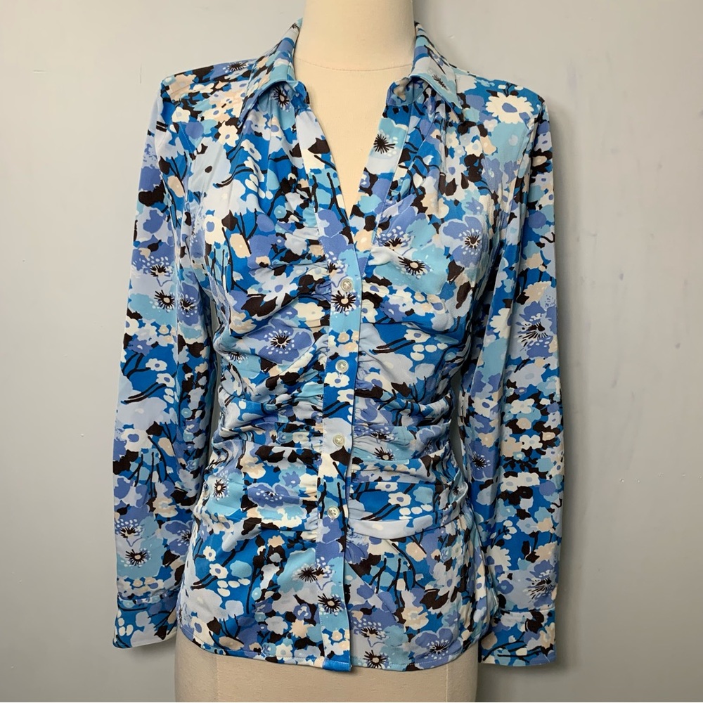 Rails Floral Printed Ruched Button Down Shirt Blu… - image 1